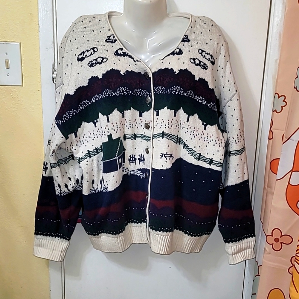 Vintage cardigan scenic barn clouds knit button down v neck (B11)